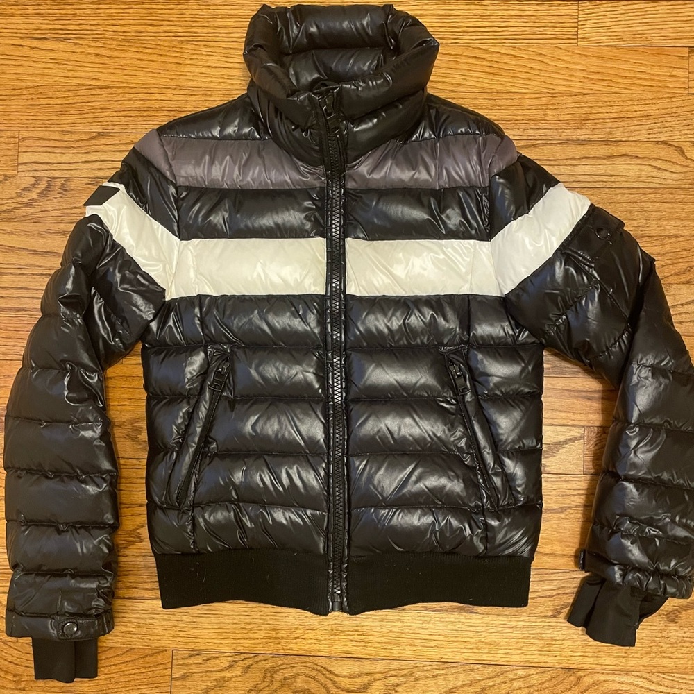 Sam black puffer jacket (black/white/grey stripe)